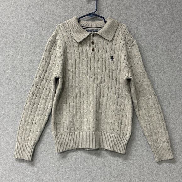 Ralph Lauren POLO Boys 10 / 12 Collared Cable Knit Sweater Gray Coastal Preppy - Picture 1 of 8